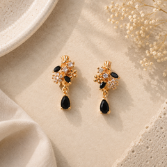Earring Flower Stones Style Drop (Black)