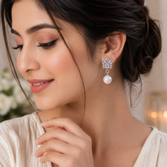 Flower Pearl Drop Earrings – Graceful Bloom with Timeless Elegance Description: (White)