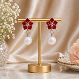 Flower Pearl Drop Earrings – Graceful Bloom with Timeless Elegance Description: (Red)