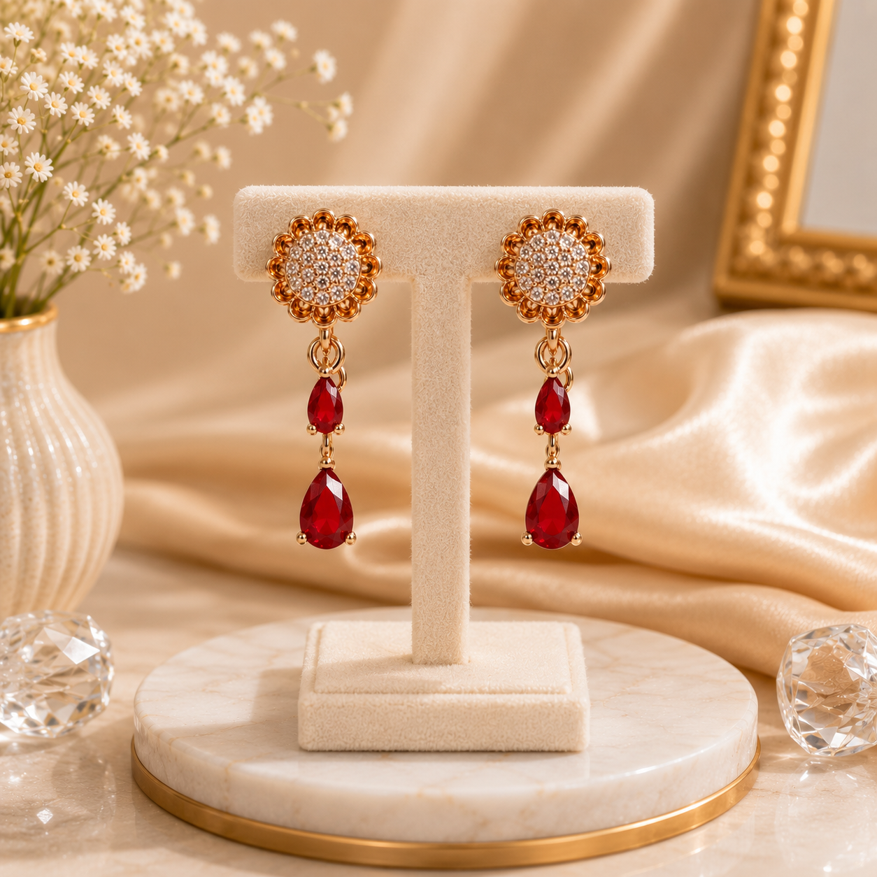 Double Drop Design Earrings – Elegant Statement Jewelry for Women (Red)