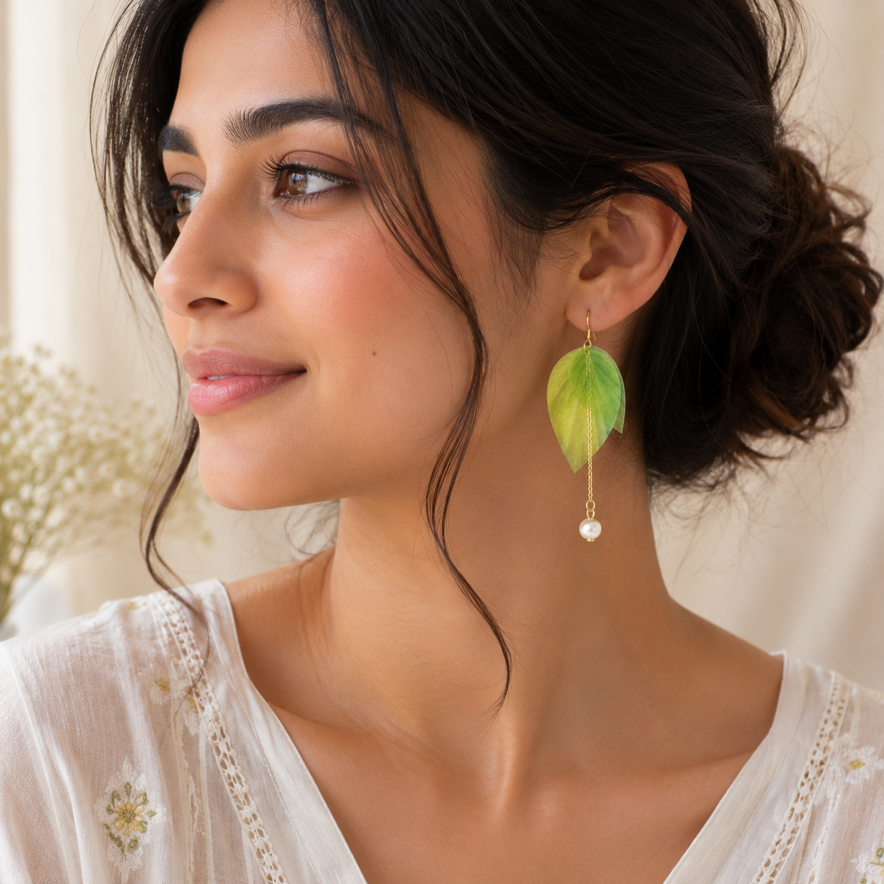 Long Leaf Pearl Earrings – Nature’s Elegance with a Classic Touch