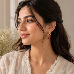 Earring Flower Stones Style Drop (Red)