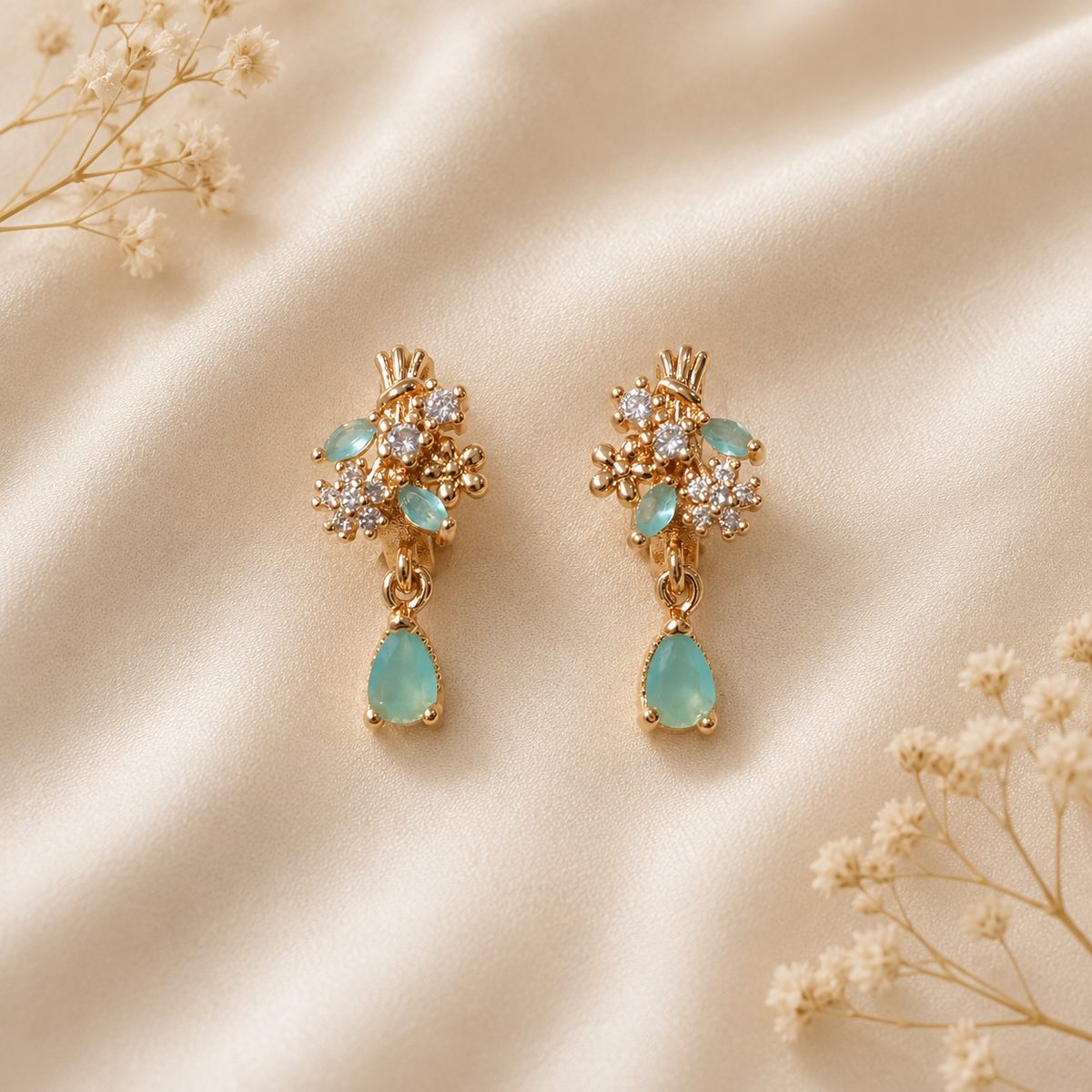 Earring Flower Stones Style Drop (Cyan)