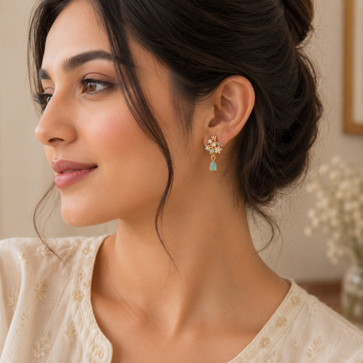 Earring Flower Stones Style Drop (Cyan)
