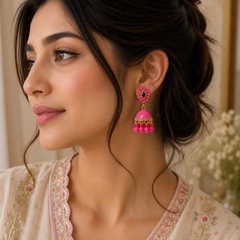 Jhumka Matte with Drop Pearl – Traditional Beauty with a Modern Touch (Dark Pink)