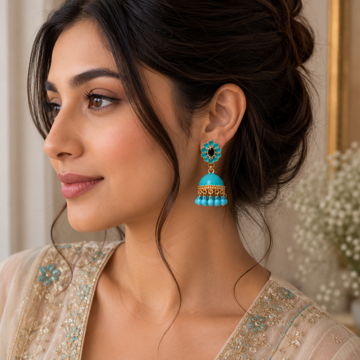 Jhumka Matte with Drop Pearl – Traditional Beauty with a Modern Touch (Cyan)