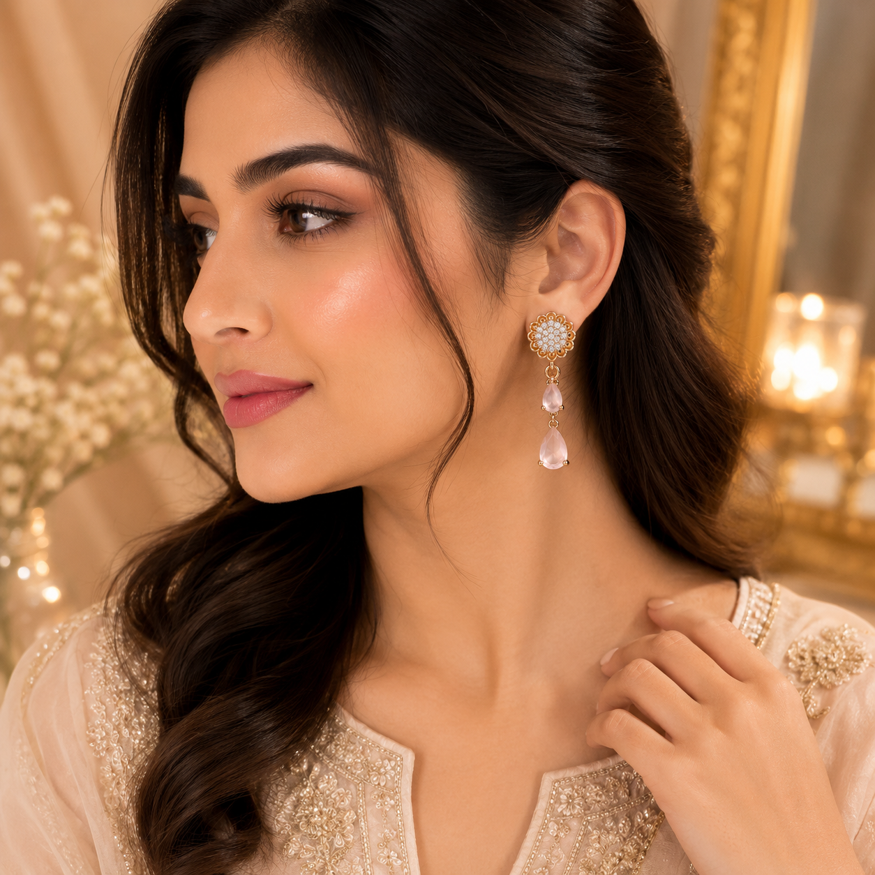 Double Drop Design Earrings – Elegant Statement Jewelry for Women (Pink)