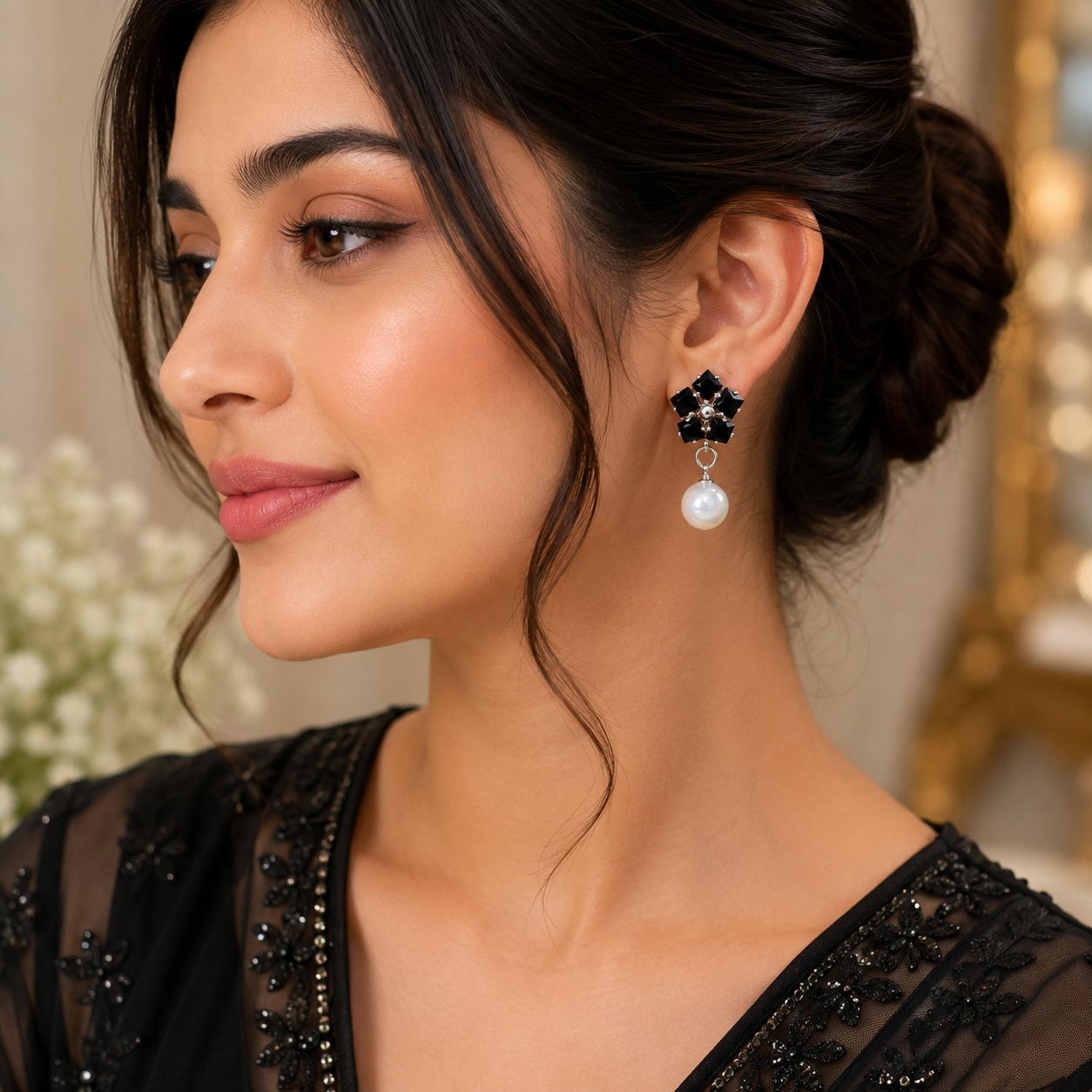 Flower Pearl Drop Earrings – Graceful Bloom with Timeless Elegance  Description:(Black)