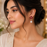 Flower Pearl Drop Earrings – Graceful Bloom with Timeless Elegance  Description: (Red)