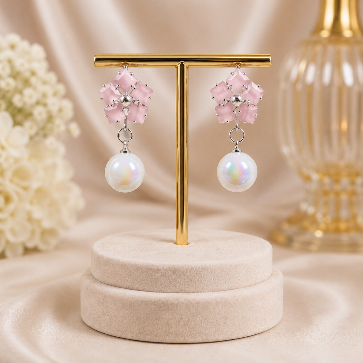 Flower Pearl Drop Earrings – Graceful Bloom with Timeless Elegance  Description: (Pink)