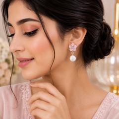 Flower Pearl Drop Earrings – Graceful Bloom with Timeless Elegance  Description:(Pink)