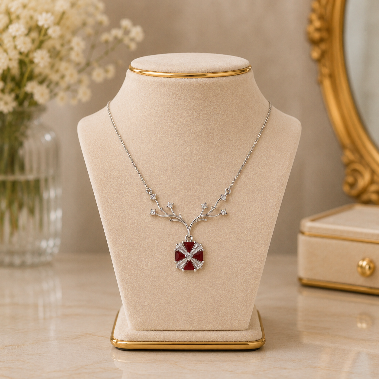Silver & Red Necklace – Bold Elegance with a Pop of Color