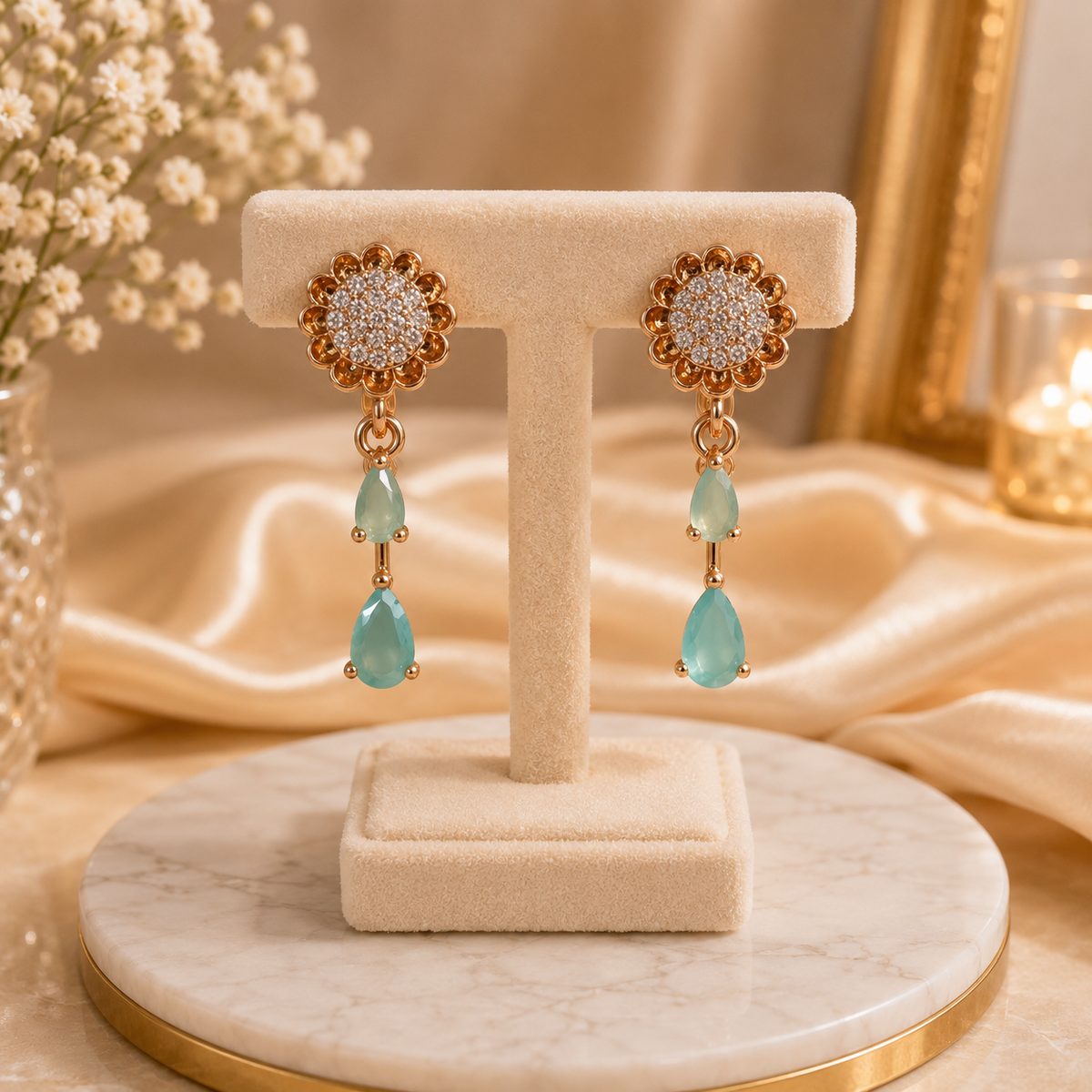 Double Drop Design Earrings – Elegant Statement Jewelry for Women (Cyan)