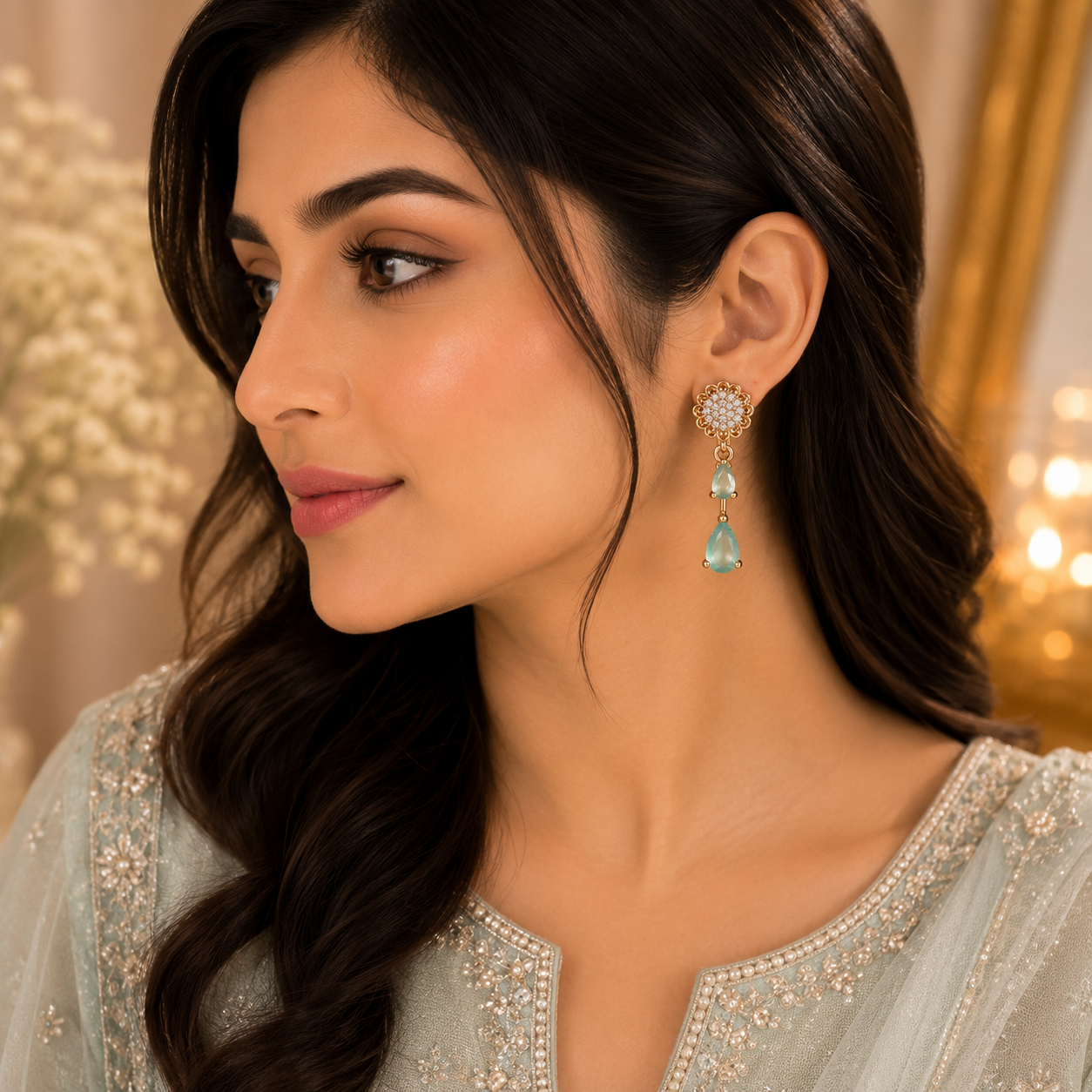 Double Drop Design Earrings – Elegant Statement Jewelry for Women (Cyan)